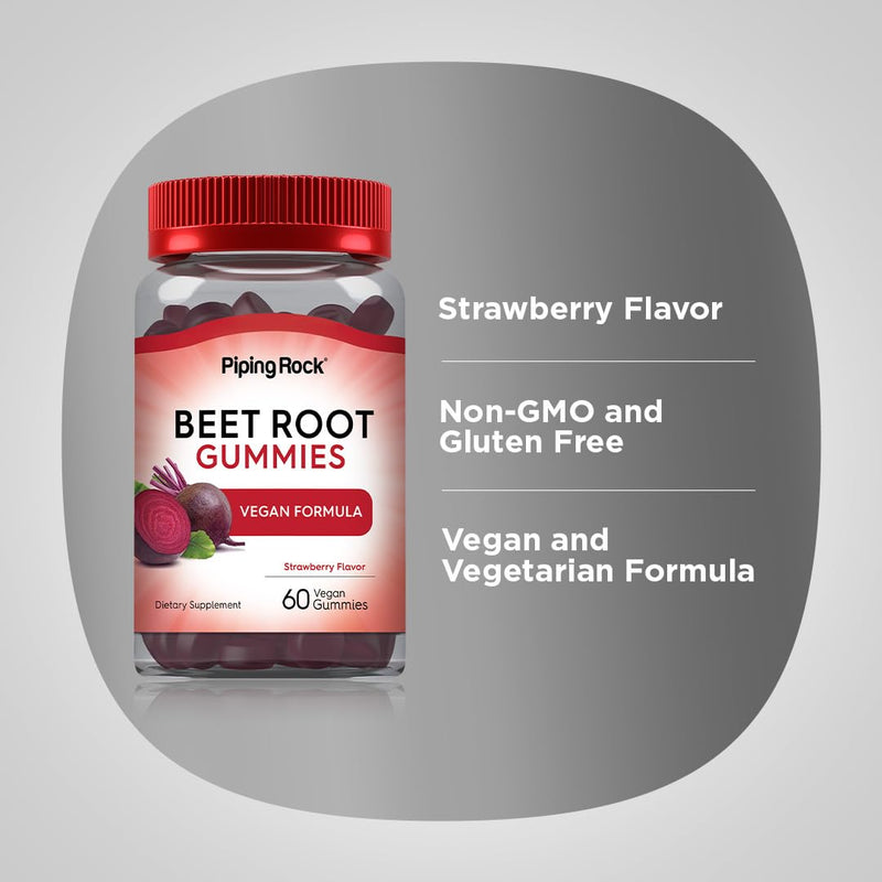 Piping Rock Beet Root Gummies | 60 Count | for Men and Women | Nitric Oxide Supplement | with Vitamin C and Black Pepper | Strawberry Flavor | Vegan, Non-GMO, Gluten Free