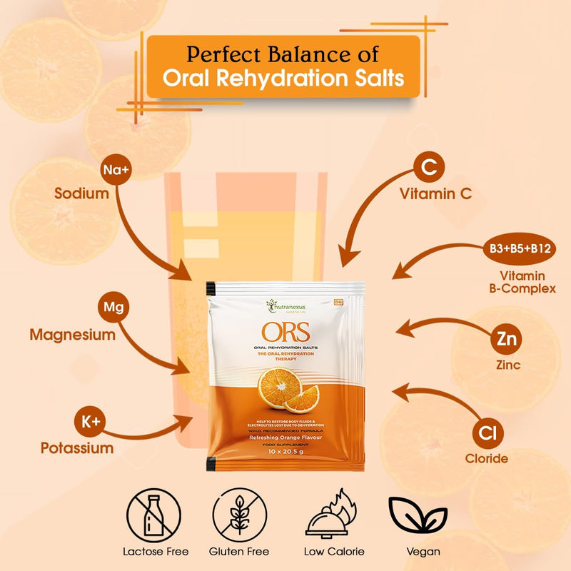ORS (Oral Rehydration Salts) -Orange Flavour | Replenish Lost Fluids |10 x 20.5g