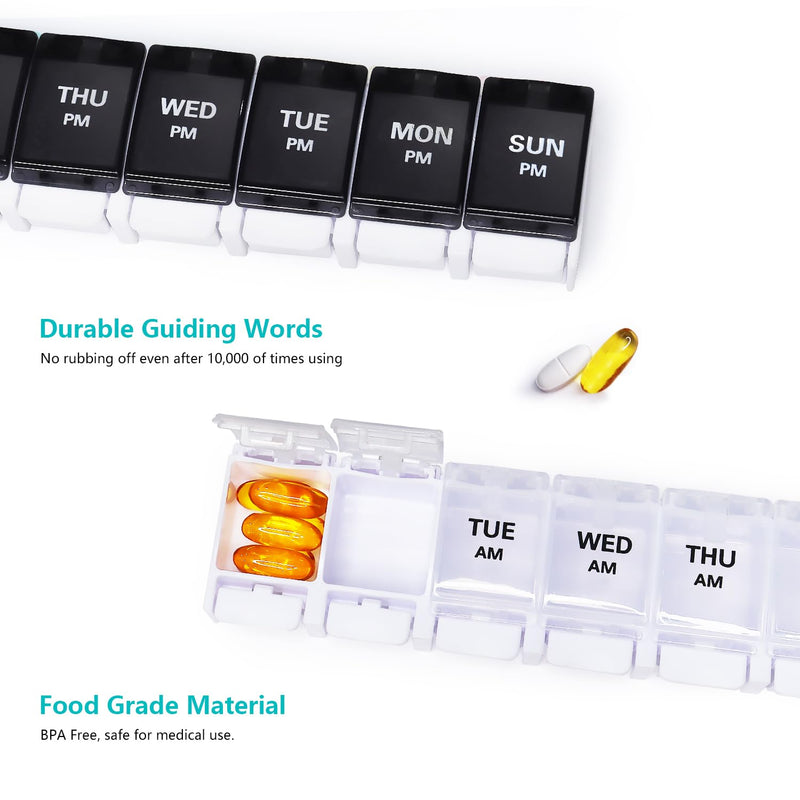 Large Pill Boxes and Organizer 2 Times a Day, MOLN HYMY 7 Day AM PM Pill Case, 14 Compartments Pill Dispenser to Hold Big Vitamin Supplements Fish Oil (Black+White) White & Black