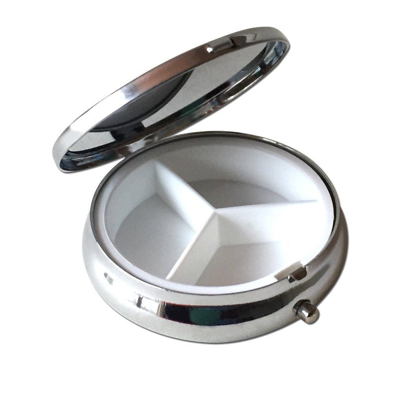 Purple Little Birdies Silver Pill Box – Round 3-Compartment Metal Pill Organizer, Compact 2-Inch Travel Pill Case for Purse or Pocket
