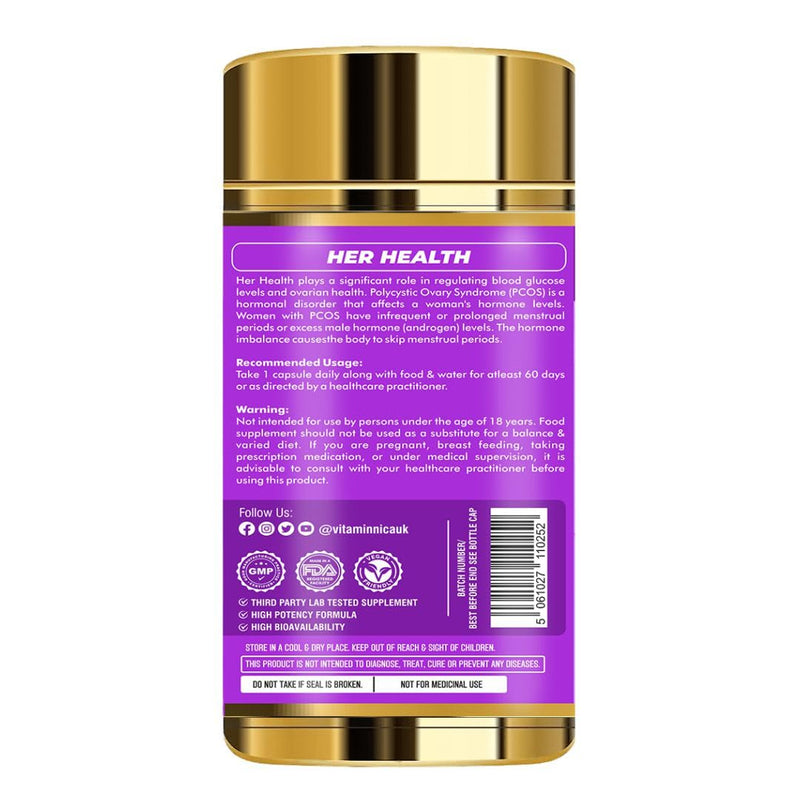 Vitaminnica Her Health PCOS Care | Myo-Inositol & D-Chiro inositol with Folic Acid | Assist Weight Management & Curb Diet Cravings| Improves Hormonal Balance | 60 Vegan Capsules 2 Months Supply