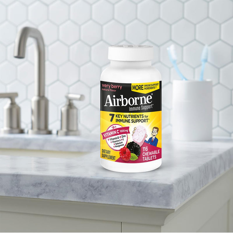 [Australia] - Airborne 1000mg Vitamin C + Zinc Immune Support Supplement Chewable Tablets, Very Berry Flavor with Powerful Antioxidants Vitamins A C & E, 116 Chewable Tablets (2 Pack) 116 Count (Pack of 2) 