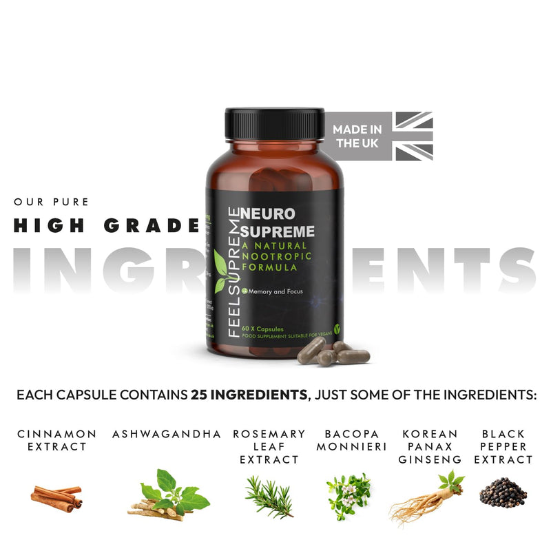 Neuro Supreme Nootropics Brain Supplement - Ashwagandha, Vitamin B12, B5 & Folic Acid - Focus, Memory & Energy Support - Cognitive Function & Stress Support, 60 Vegan Capsules