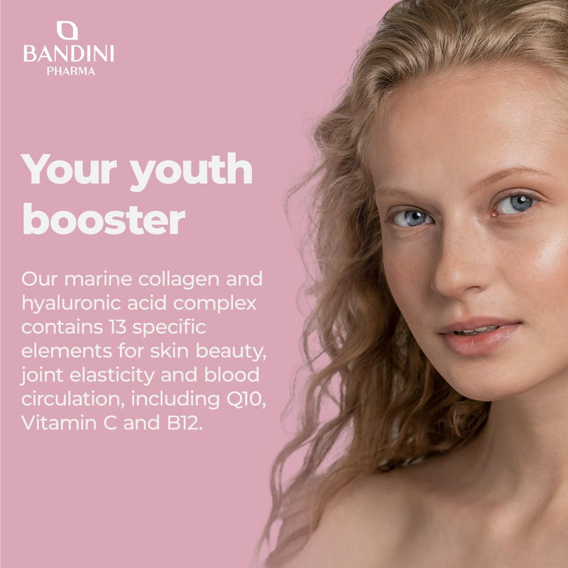 Bandini® Collagen Peptan® and Hyaluronic Acid 180 Capsules + Vitamin C, Biotin, Zinc, Coenzyme Q10 and Selenium, 1000mg Collagen Marine Hydrolysate Type 1 — Elasticity of Skin, Joints and Bones