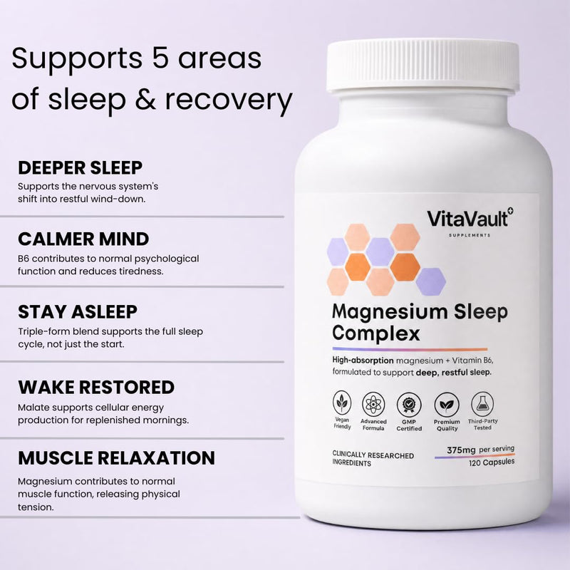 VitaVault Magnesium Complex 375mg for Sleep & Recovery — Bisglycinate, Malate & Taurate with Vitamin B6 | High-Strength, Vegan | 120 Capsules | Deep Sleep & Recovery | Made in UK