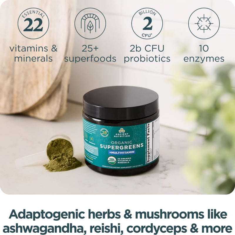 Ancient Nutrition Organic Super Greens + Multivitamins Powder | Vitamins + Made from Real Fruits, Vegetables and Herbs, for Digestive and Energy Support, 12 Servings