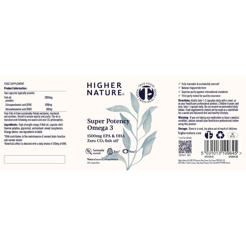 Omega 3 2000mg with 1000mg EPA & 500mg DHA Per Serving - Super Potency Omega 3 True Food® Formula Fish Oil Supplement - Supports Eye, Brain & Heart Health - by Higher Nature - 60 Capsules