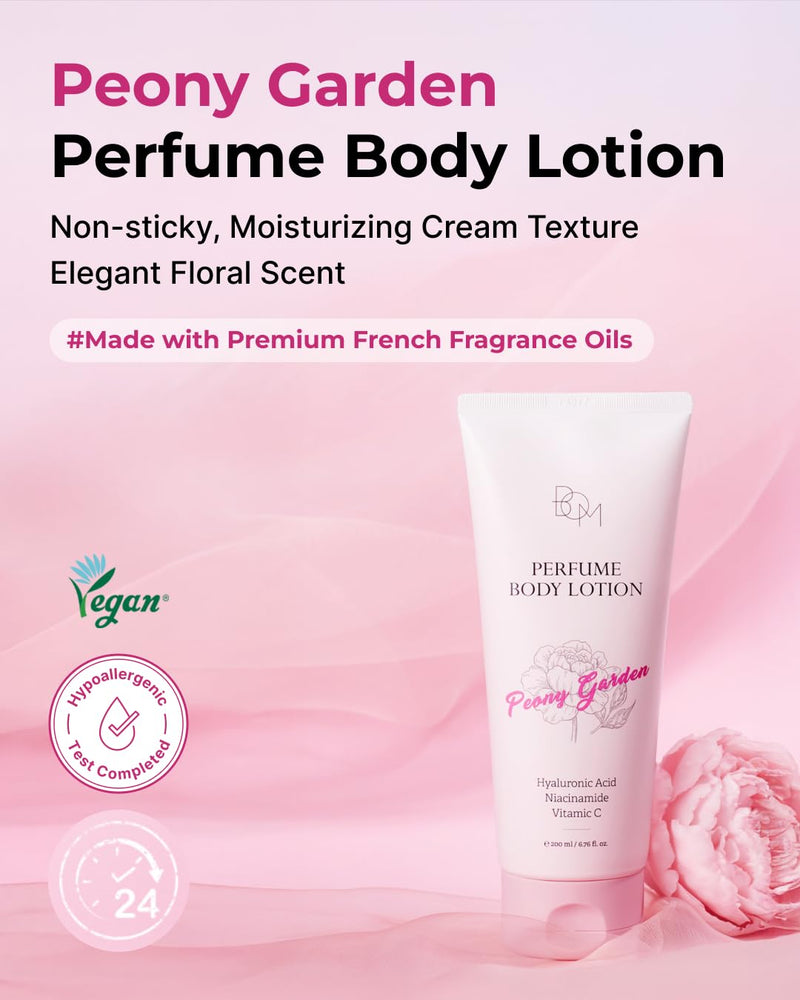 BOM Peony Garden Perfume Body Lotion 6.76 Fl Oz, Floral Scented Body Cream with Hyaluronic Acid, Niacinamide & Vitamin C, Long-Lasting Moisture & Fragrance, Non-Sticky & Smoothing, Korean Skincare 6.76 Fl Oz (Pack of 1)