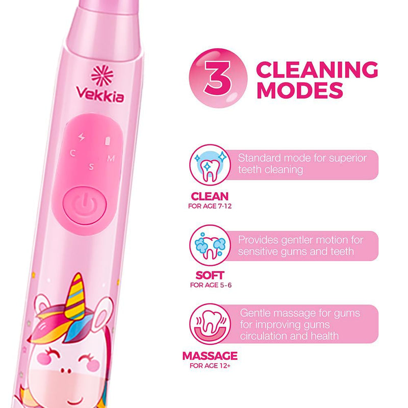 [Australia] - Vekkia Sonic Rechargeable Kids Electric Toothbrush, 3 Modes with Memory, Fun & Easy Cleaning, 24000 Strokes, IPX7 Waterproof, 2-Min Timer for Age 5+, 4 Soft Bristles(Pink) Pink 