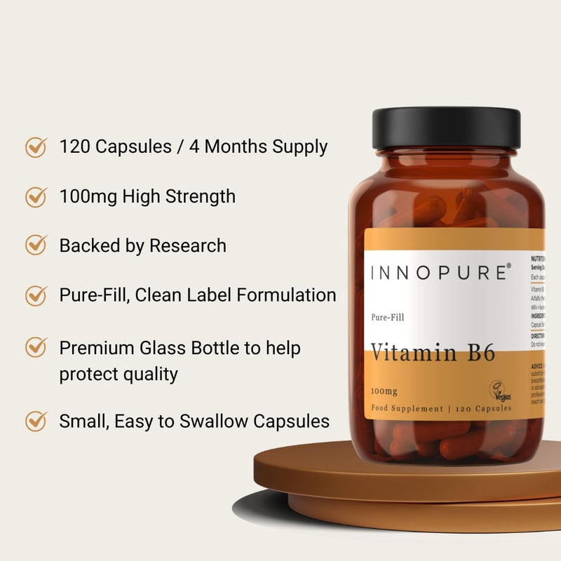 INNOPURE Vitamin B6 Capsules 100mg - Pure-Fill (No Fillers or Binders) High Strength Vitamin B6 Supplement, 1 Daily Capsule (Not Tablets) 120 Capsules