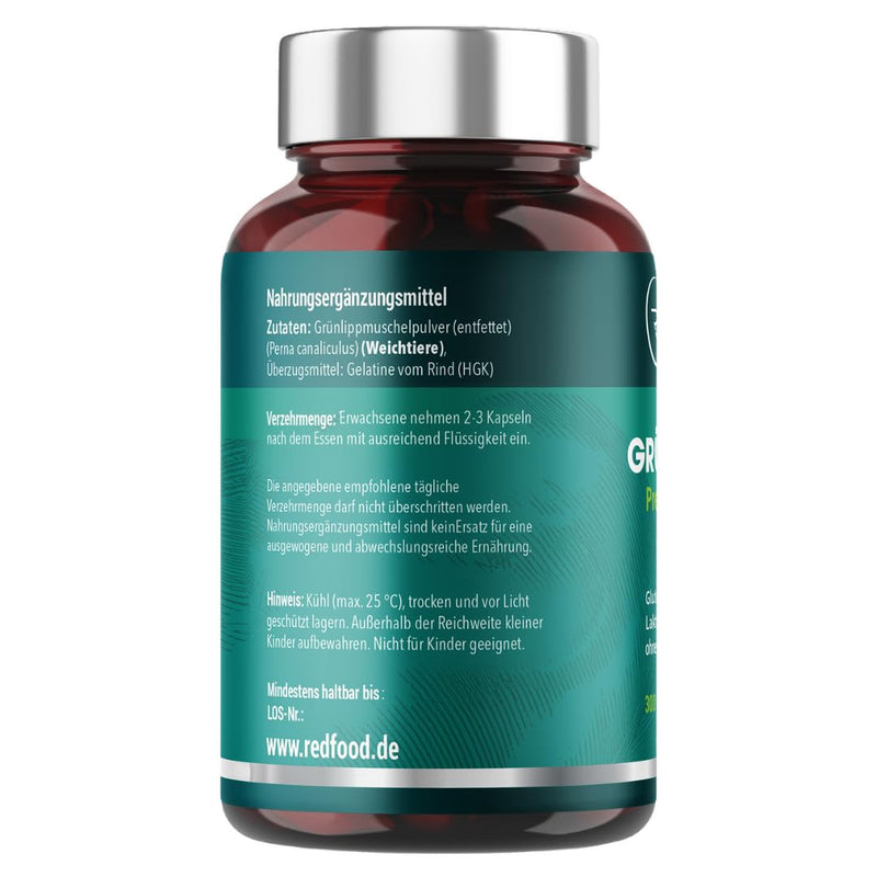 [Australia] - GREEN LIP MUSSEL PREMIUM CAPSULES 1500 MG GREEN LIP MUSSEL POWDER PER PORTION HIGH DOSE XXL CAN 300 CAPSULES 5 - 3 MONTH SUPPLY WITHOUT MAGNESIUM STEARATES MADE IN GERMANY BY REDFOOD 