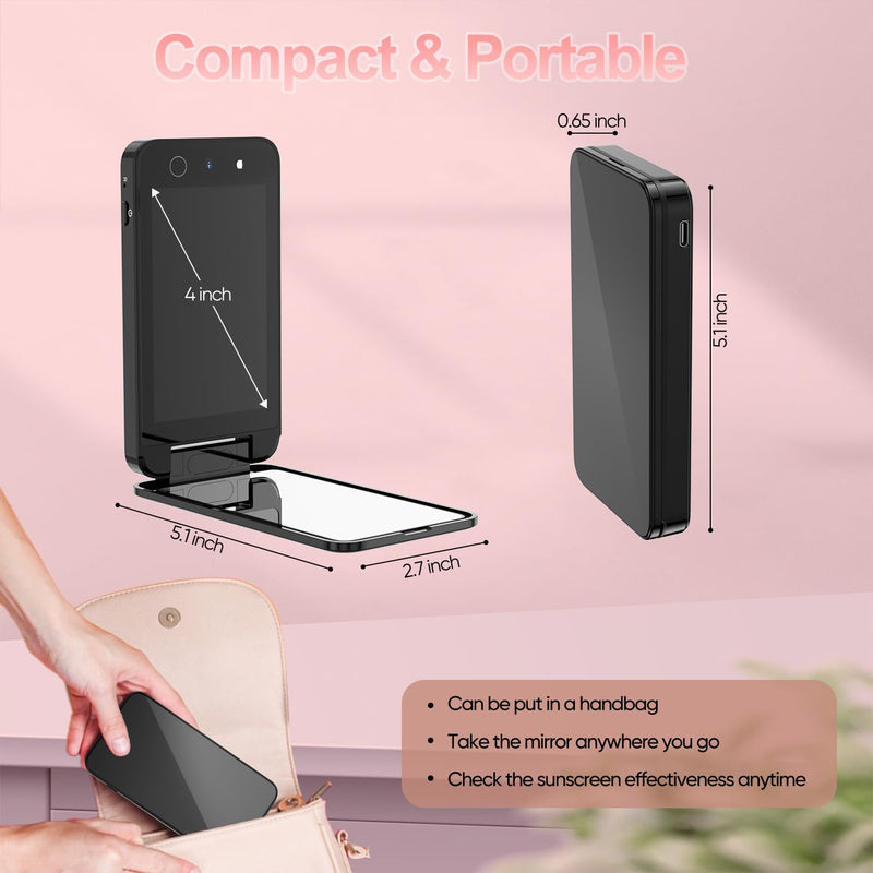 UV Camera for Sunscreen Test UV Mirror Sunscreen Camera, 4 Inch Vanity Mirror Rechargeable Compact Travel Makeup Mirror Handheld Double-Sided Pocket Mirror for Skin Protection(Dark Black) Dark Black