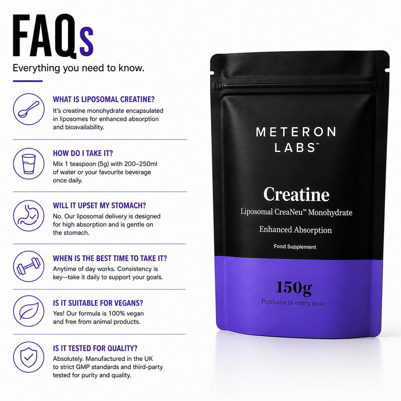 Liposomal Creatine Monohydrate Powder | Micronised Creatine Monohydrate | 5g Creatine Per Serving | Enhanced Liposomal Delivery | Unflavoured Creatine Powder | Vegan | 150g | Meteron Labs UK