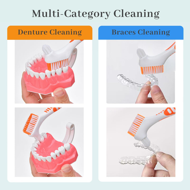[Australia] - Pack of 4 Denture Cleaning Brush, Double Head Toothbrushes for Cleaning, Portable Denture Cleaning Brushes, Denture Brush with 2 Tongue Cleaners, Multi-Layer Bristles and Ergonomic Rubber Handles 