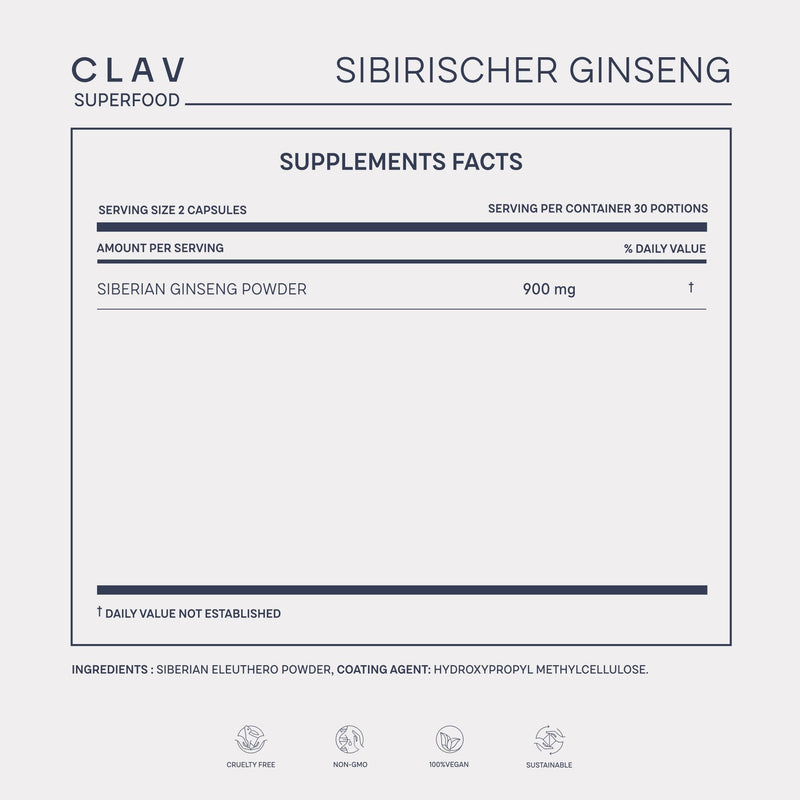 [Australia] - CLAV¬Æ Siberian Ginseng - 900mg Eleuthero Root Powder - Energy Supplement - Reduction of Tiredness & Fatigue - 60 Ginseng Capsules - Made in Germany 