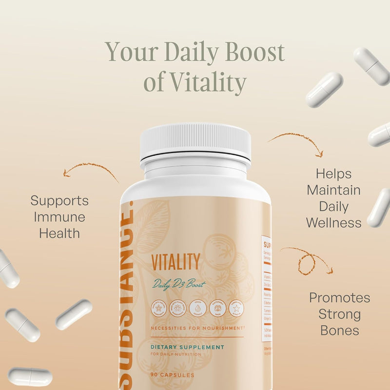 SUBSTANCE. Nature’s Vitality Daily D3 Boost Supplement - Vitamin D3, Zinc, Elderberry, Turmeric & Ginger - Immune Support & Bone Health - 90 Capsules Vitamin D
