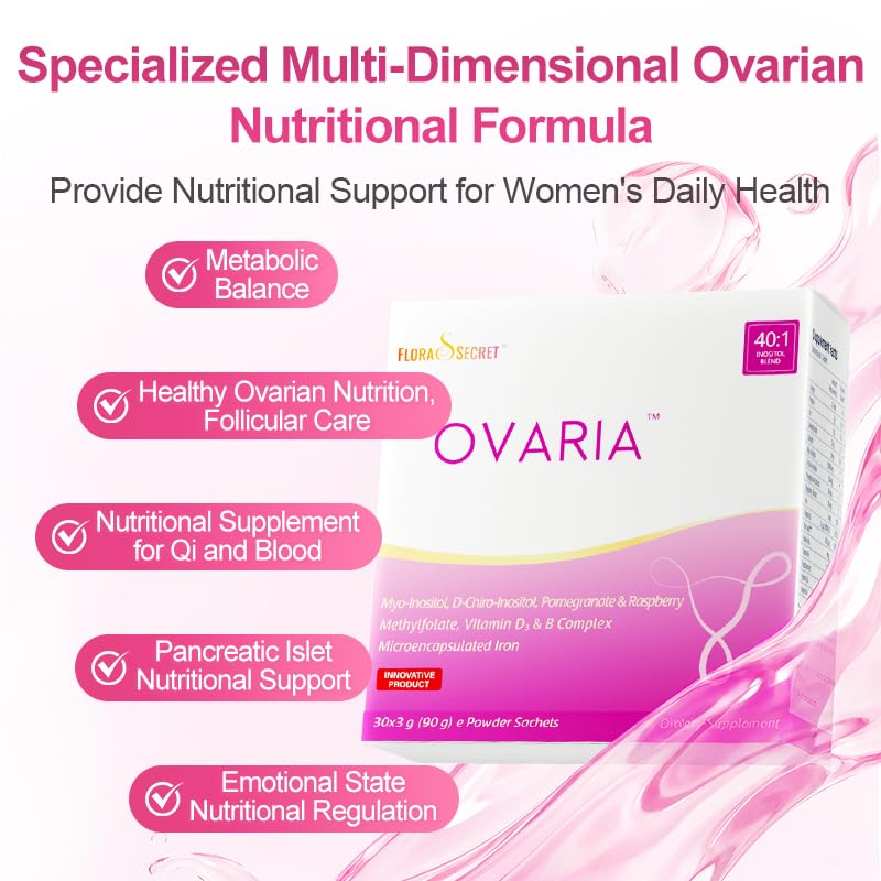 Flora Secret Ovaria Dietary Supplement, Myo-Inositol & D-Chiro-Inositol 40:1 Blend, Methylfolate, Vitamin D3, B Complex, Iron, 30 Powder Sachets
