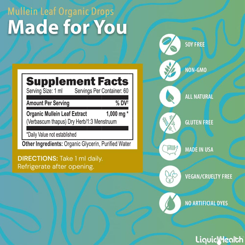 [Australia] - LIQUIDHEALTH USDA Organic Mullein Leaf Extract Drops for Lungs - Herbal Cleansing Drops for Smokers, Immune Support, Respiratory Health - 1000mg, 60-Day Supply, Sugar-Free, Made in USA (2 fl oz) 2 Fl Oz (Pack of 1) 