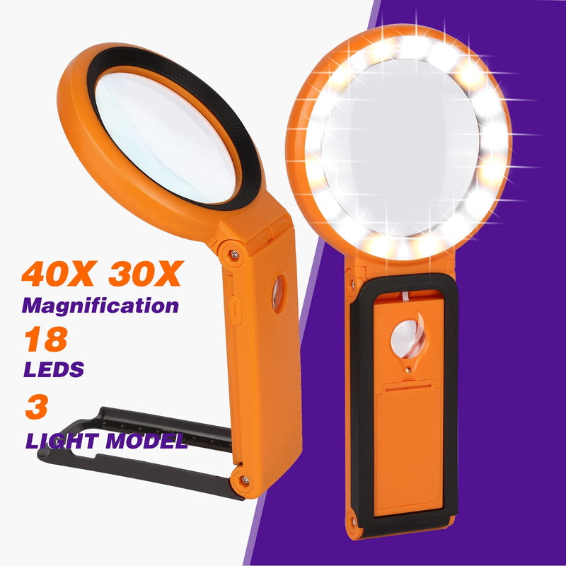 [Australia] - 30X 40X Magnifying Glass with Light and Stand, Foldable Handheld Magnifying Glass 18 LED Illuminated Lighted Magnifier for Macular Degeneration, Seniors Reading, Close Work, Coins, Jewelry (Orange) Orange 