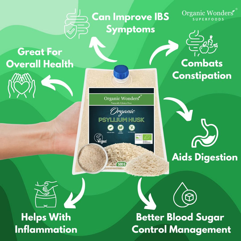 Organic Psyllium Husk Powder (500g) | 99% Pure | High in Fibre | Digestive Support, Regularity & Weight Management | 100+ Servings | Gluten-Free | Premium for Baking by Organic Wonders® Organic Psyllium Husk 500 g (Pack of 1)