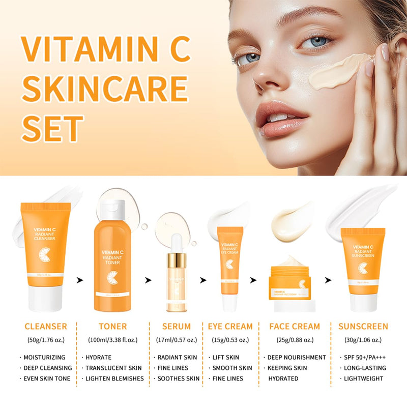 Baorder 6PCS Hydrating Skin Care Set with Vitamin C,Face Care Kit Includes Serum,Face Cream,Eye Cream,Toner,Sunscreen,Cleanser,Face Care Set for Women,Unique Gift