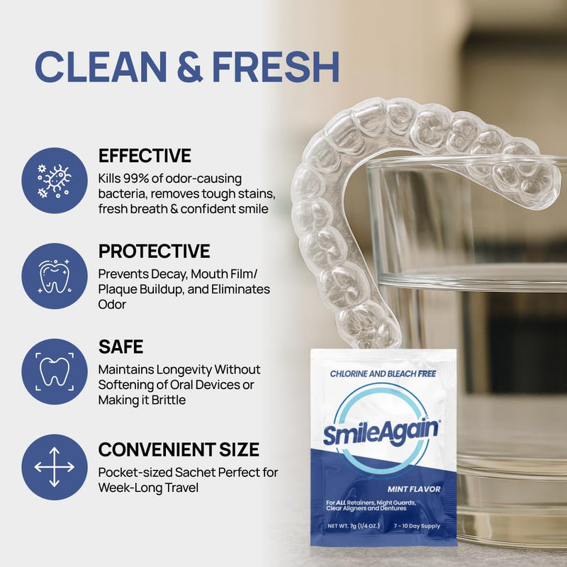 SmileAgain Retainer Cleaner - 180-220 Cleanings 22 Pack/6 Month Supply - for Clear Aligners, Dentures, Mouth Guards & Night Guards - Our Oral Appliance Cleaner & Denture Care Powder - Mint Flavored 6 Month Supply