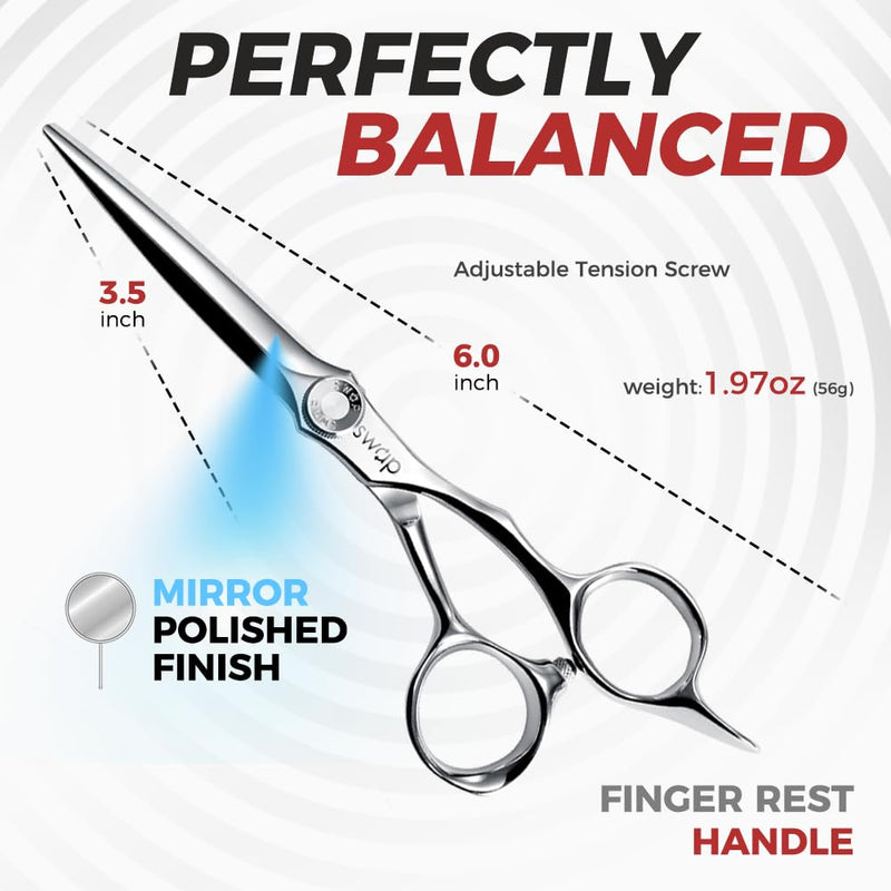 SWAP Professional Hair Cutting Scissors - 6.0'' Japanese SUS 440C Steel Barber Scissors, 60-62HRC Sharp Edge Blade with Adjustable Tension Screw for Salon & Home Use（6.0'' Hair Shears） 6 '' Hair Cutting Scissors