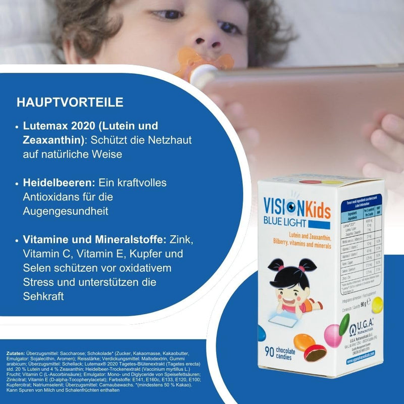 [Australia] - VISION Kids BLUE LIGHT - Protection against blue light from tablets, PCs and smartphones - Zinc, vitamins C and E - Lutein and zeaxanthin - For children - 90 chocolate flavored candies 