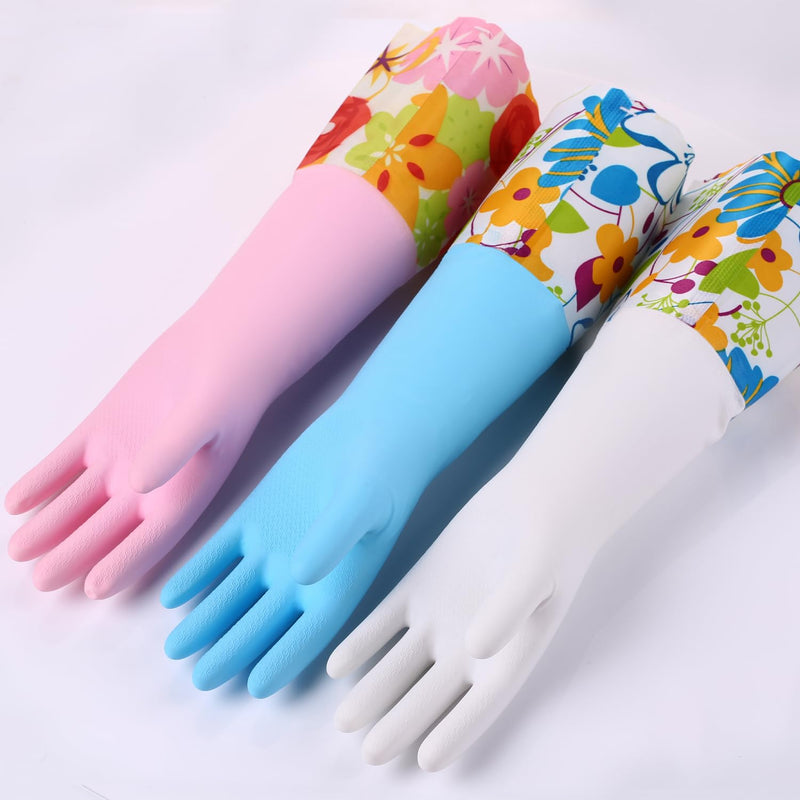 [Australia] - Bamllum 3 Pairs Rubber Cleaning Gloves, Household Kitchen Dishwashing Gloves with Cotton Flocked Liner, Long Cuff 16 Inches, Reusable, Non-Slip (Medium, Blue+Pink+White) Medium 