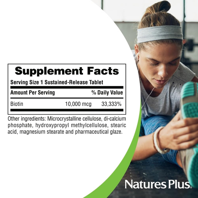 NaturesPlus Biotin 10,000 mcg - 90 Sustained-Release Tablets - Hair, Skin & Nail Support - High-Potency B Vitamin - Vegetarian, Gluten Free - 90 Servings