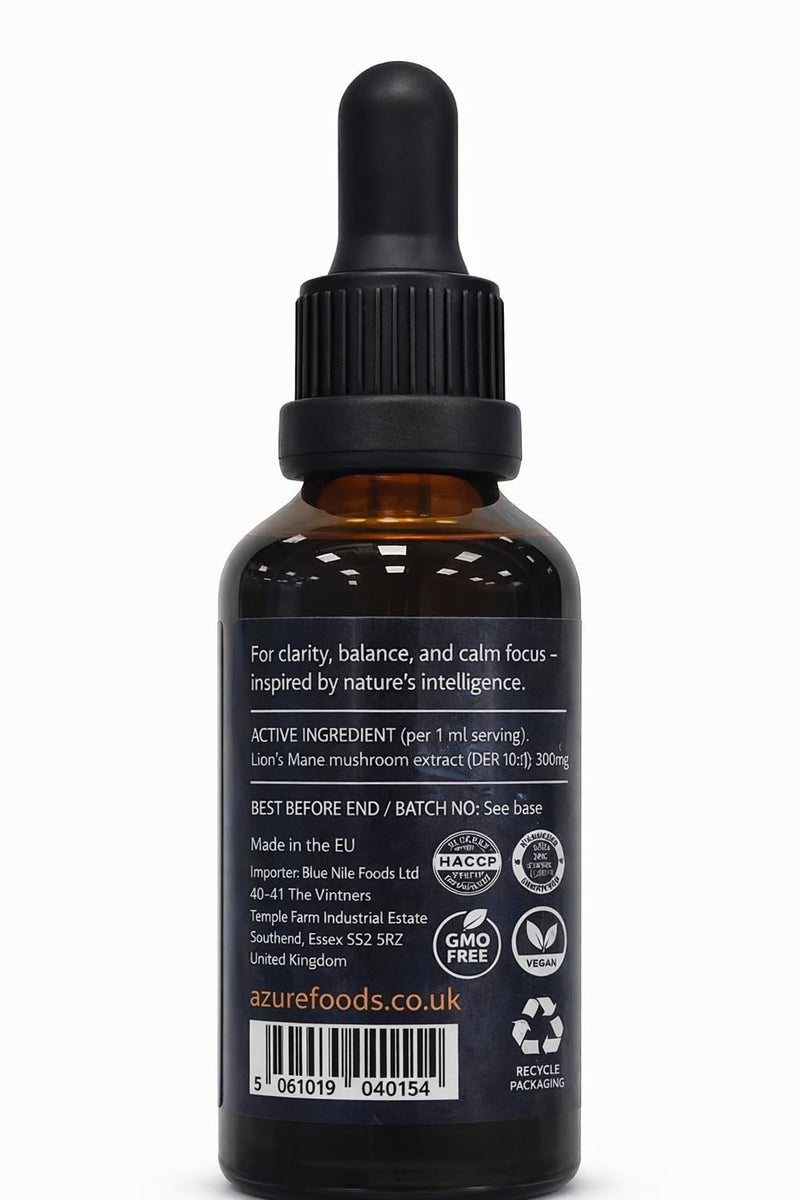 Azure Lion's Mane Drops 10:1 – High-Strength Fruiting Body Extract, Up to 600mg per Day – Alcohol-Free Liquid Supplement for Focus, Memory & Clarity – Vegan Natural Brain Support - 50 ml / 50 Servings