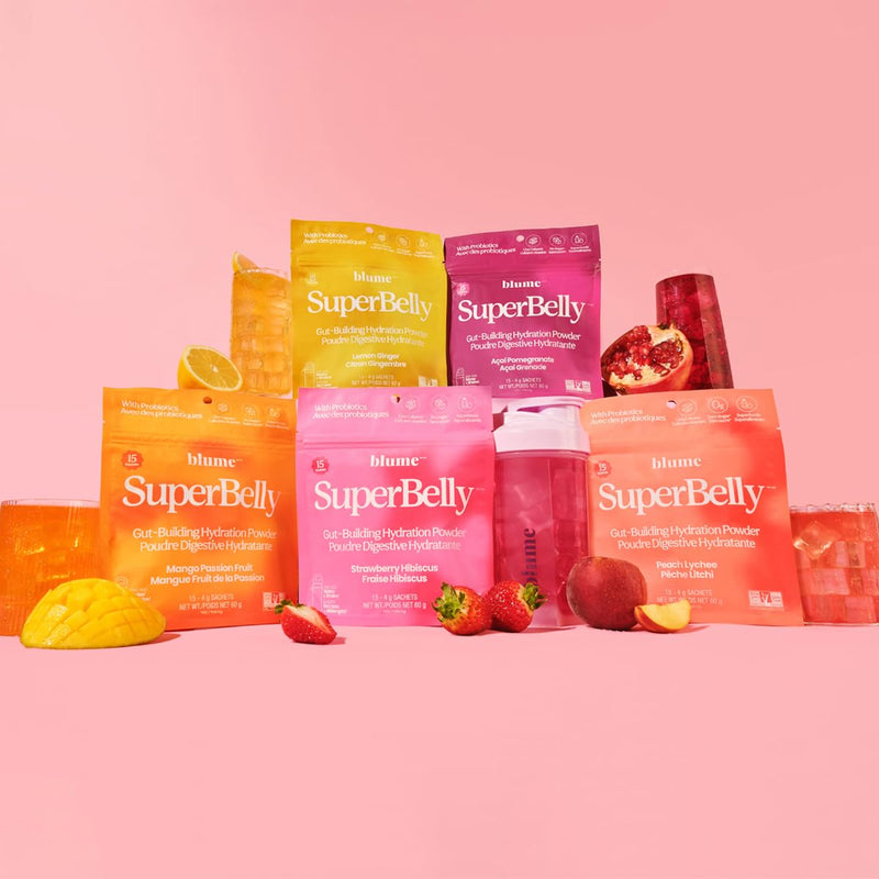 Blume SuperBelly Gut Health + Hydration, Daily Sugar Free Probiotics, Prebiotic Fiber, and Electrolytes Powder Packets for Digestion Support, Stacked Water - Lemon Ginger, 15 Sticks