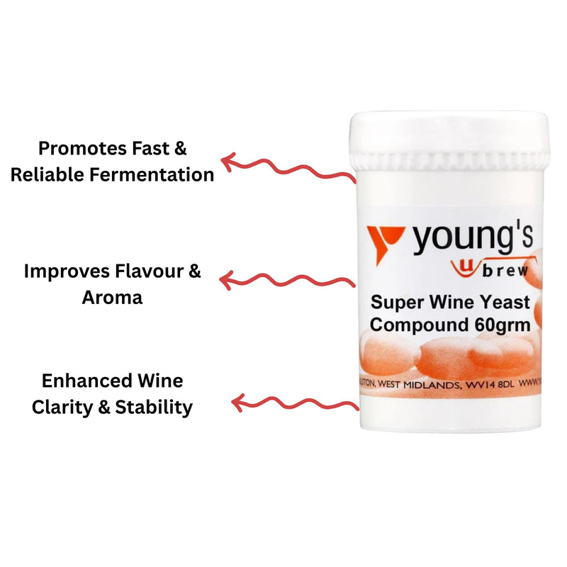 Young's Home Brewers Wine Yeast Compound with Yeast Nutrient & Campden Tablets - Suitable for Homemade Wine Making and Brewing - 60g Compound, 100g Nutrient, 50pk Tablets