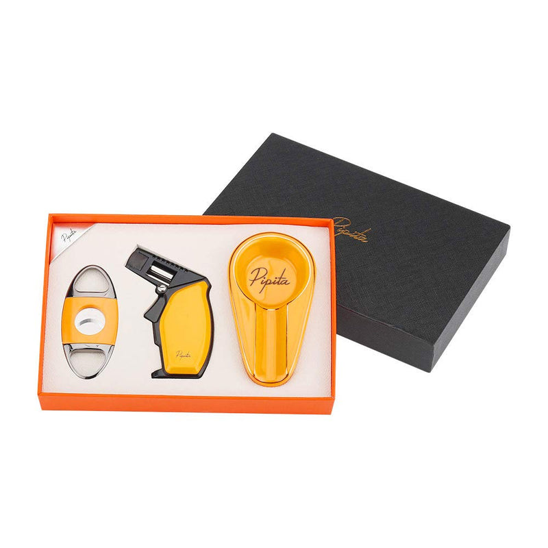 [Australia] - PIPITA Cigar Gift Set (3pcs/Set),Torch Lighter and Cigar Cutter and Ceramic Ashtray, Adjustable Jet Single Flame Butane Lighter Packing with Nice Gift Box 