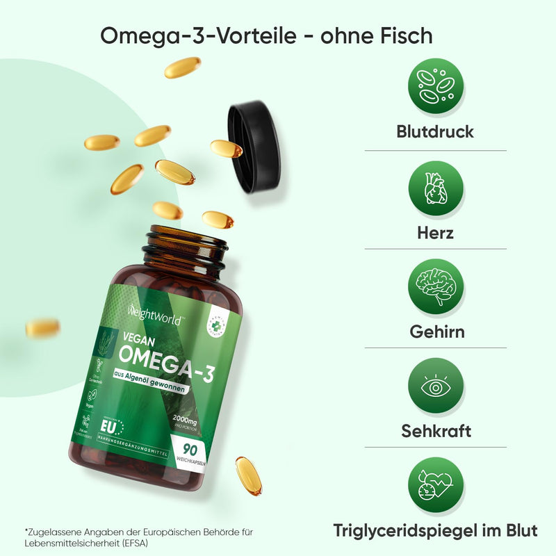 [Australia] - Vegan Omega 3 capsules - 2000mg algae oil provide 600mg DHA & 300mg EPA per day - 90 softgels - Heart, Brain, Vision & Blood Pressure (EFSA) - Free from magnesium stearate, gelatin & gluten - WeightWorld 