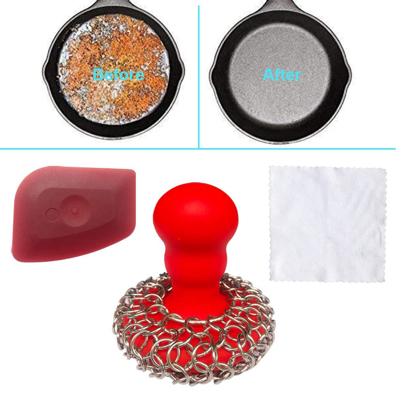 [Australia] - 316 Upgraded Chainmail Scrubber with Silicone Handle Cast Iron Cleaner for Cast Iron Grill Pan Skillet Wok Bakeware Ergonomic to Hold Easy to Use Dishwasher Safe, Scrubber + Scraper + Towel (Red) Red 
