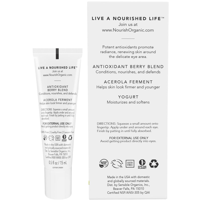 Nourish Organic Eye Treatment, Bilberry & Arctic Berries – Age Defense Under Eye Cream with Vitamin C + Washable Cotton Round