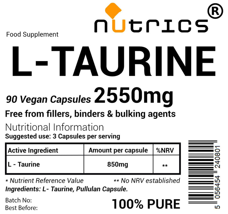 2550mg (per Serving) L Taurine 90 V Capsules 850mg (per Capsule) 100% Pure - Free from fillers Binders & Bulking Agents - Vegan Vegetarian - L-Taurine Supplement (90 V Capsules) 1 count (Pack of 1)