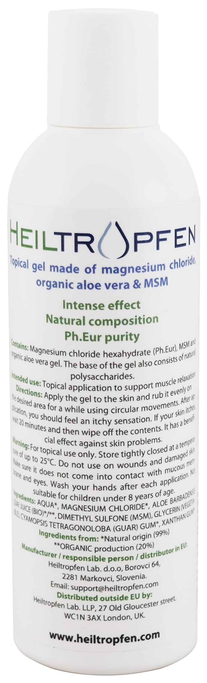 1x Magnesium Gel with Aloe Vera & MSM | 6.76 Oz - 200 ml | Pure Magnesium Chloride | Organic Aloe Vera | Soothes and Relaxes Muscles | Heiltropfen®