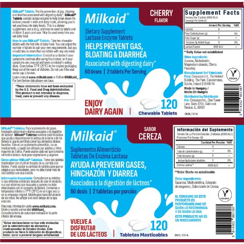 [Australia] - Milkaid Lactase Enzyme Chewable Tablets for Lactose Intolerance Relief | Prevents Gas, Bloating & Diarrhea | Fast Acting Dairy Digestive Supplement (120 Tablets, Cherry) 120 Count (Pack of 1) 