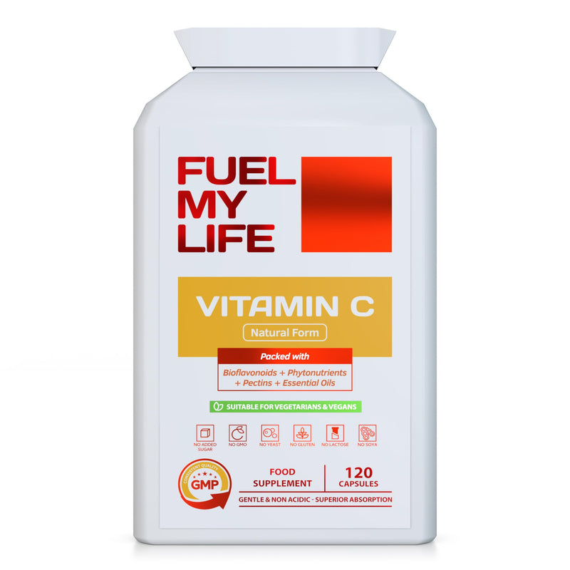 Natural Vitamin C 120 Capsules – Optimum Absorption All-Natural Food Form - Gentle & Non-Acidic - Packed with Bioflavonoids, Pectins, Essential Oils & phytonutrients - NO Synthetic ascorbic Acid