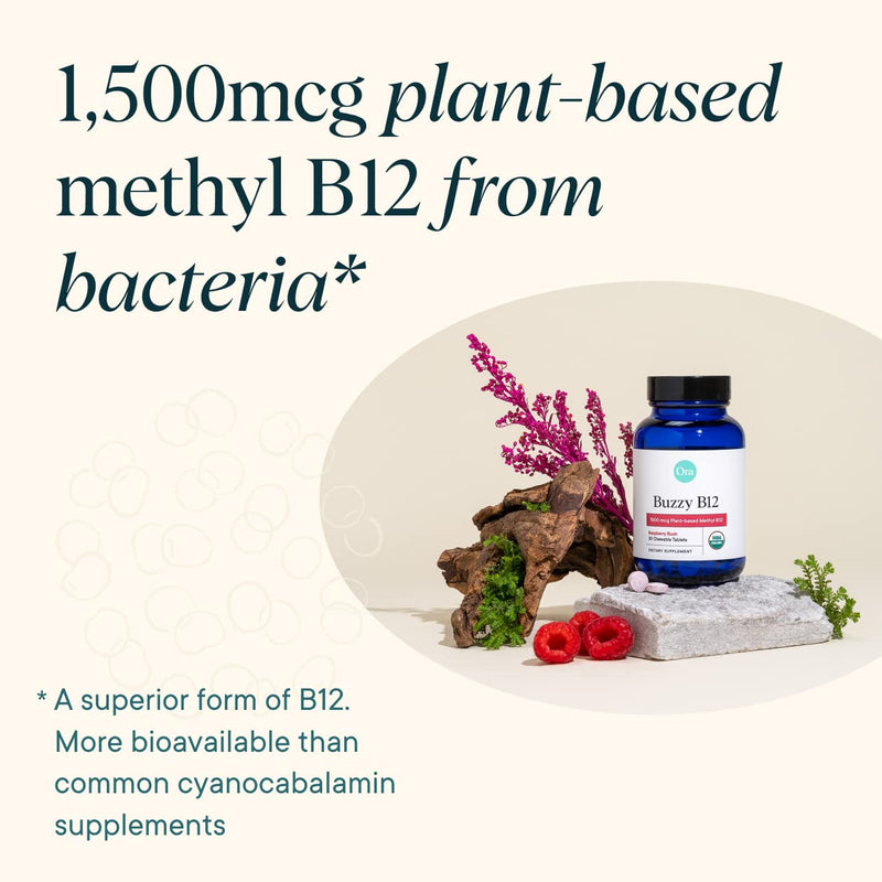 Ora Organic Vitamin B12 1500mcg - Plant-Based methylcobalamin for Adults - Natural Stimulant-Free Energy, Raspberry Flavor chewable Tablets, no Added Sugar - 30 Tablets 30 Count (Pack of 1)