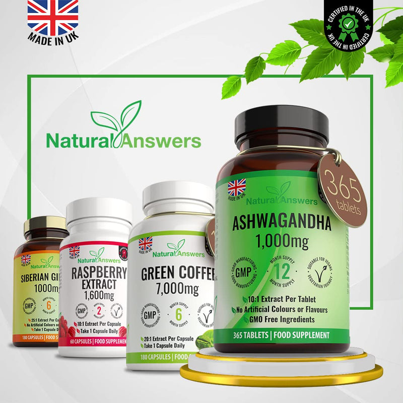 Natural Answers 365 x Ashwagandha 1000mg Per Tablet | 1 Year Supply of High Strength Vegan Tablets (Not Capsules or Pills) of Pure Powder UK Made Anxiety Relief