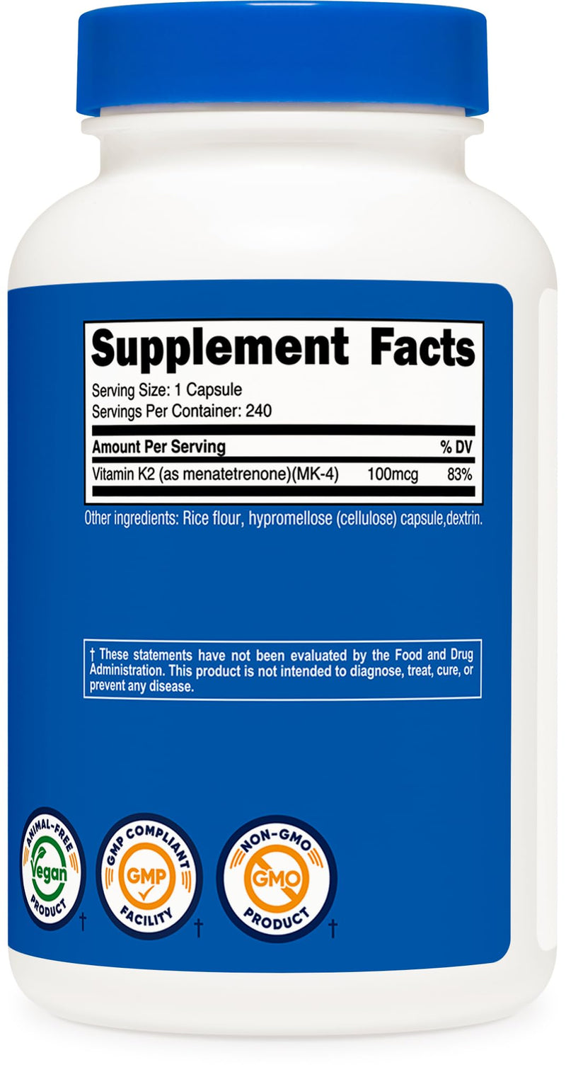 Nutricost Vitamin K2 (MK4) 240 Capsules (100mcg) - Gluten Free and Non-GMO (Pack of 2) 240 Count (Pack of 2)