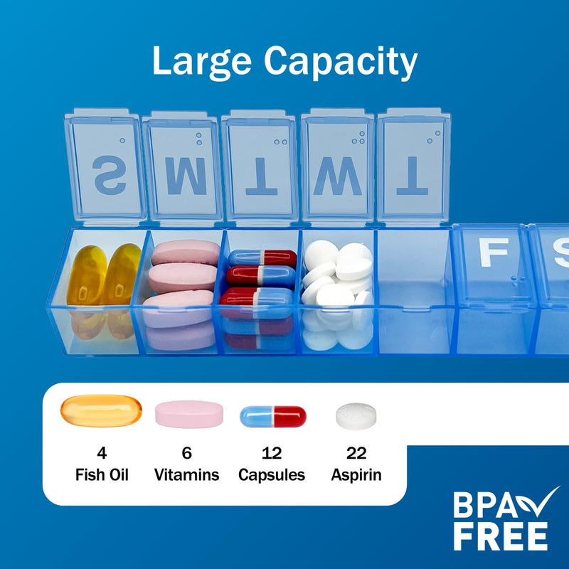 Amazon Basic Care 7-Day Weekly Pill Organizer, Portable Medicine and Vitamin Planner Box with Medium Compartments, Blue (Pack of 2) 1 Count (Pack of 2)