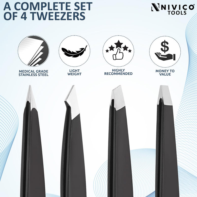 NIVICO Tweezers Set with Leather Pouch – Professional Stainless Steel Tweezers for Eyebrows Precision Facial Ingrown Hair Removal (Black)