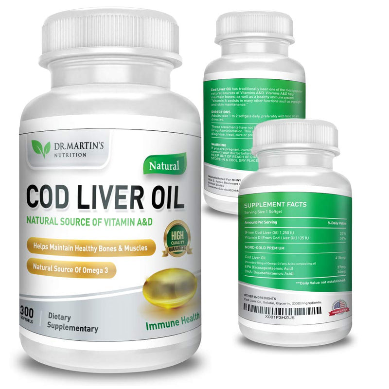 Cod Liver Oil 300 Softgels, Burpless Omega 3 with EPA & DHA, Vitamin A & D | Norwegian Fish, Easy-to-Swallow Capsules for Immune Support, No Fishy Aftertaste, Heart Brain Eye Immune, Easy on stomach