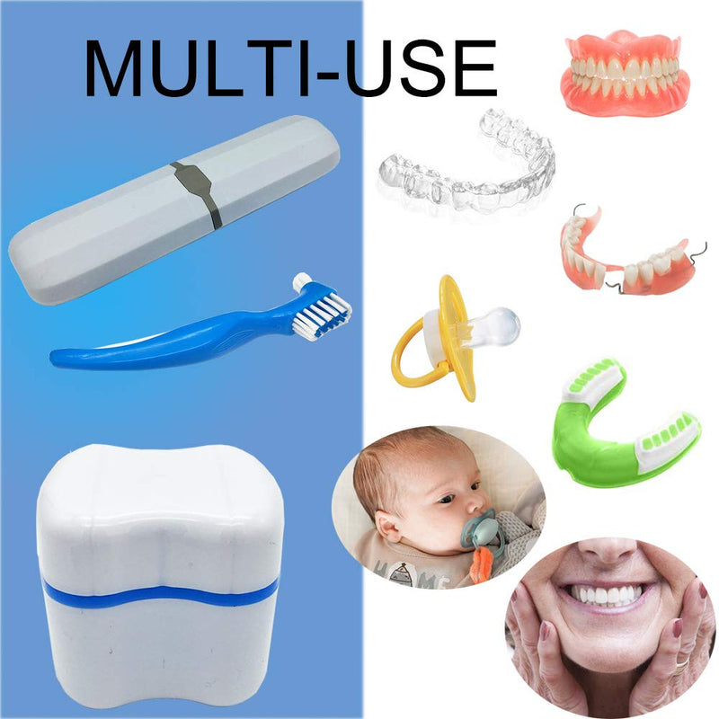 [Australia] - Denture Case Kit - 2 Bath Cups, 2 Brushes & 2 Portable Toothbrush Boxes, Retainer Bath With Lid, Cleaning Boxes, Travel Toothbrush Kit Blue & Light Green 