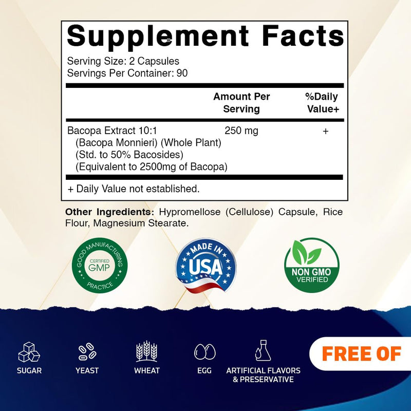 [Australia] - Vitamatic Bacopa Monnieri 2500 mg Equivalent Per Serving (from 10:1 Extract 250 mg) Nootropic Herbal Supplement - 50% Bacosides, Non-GMO & Gluten Free - 180 Vegetable Capsules 