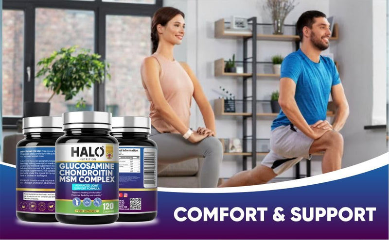 Glucosamine and Chondroitin MSM High Strength with Vitamin C Turmeric Ginger and Rosehip, 120 Capsules Made in The UK Food Supplements by HALO Nutrition